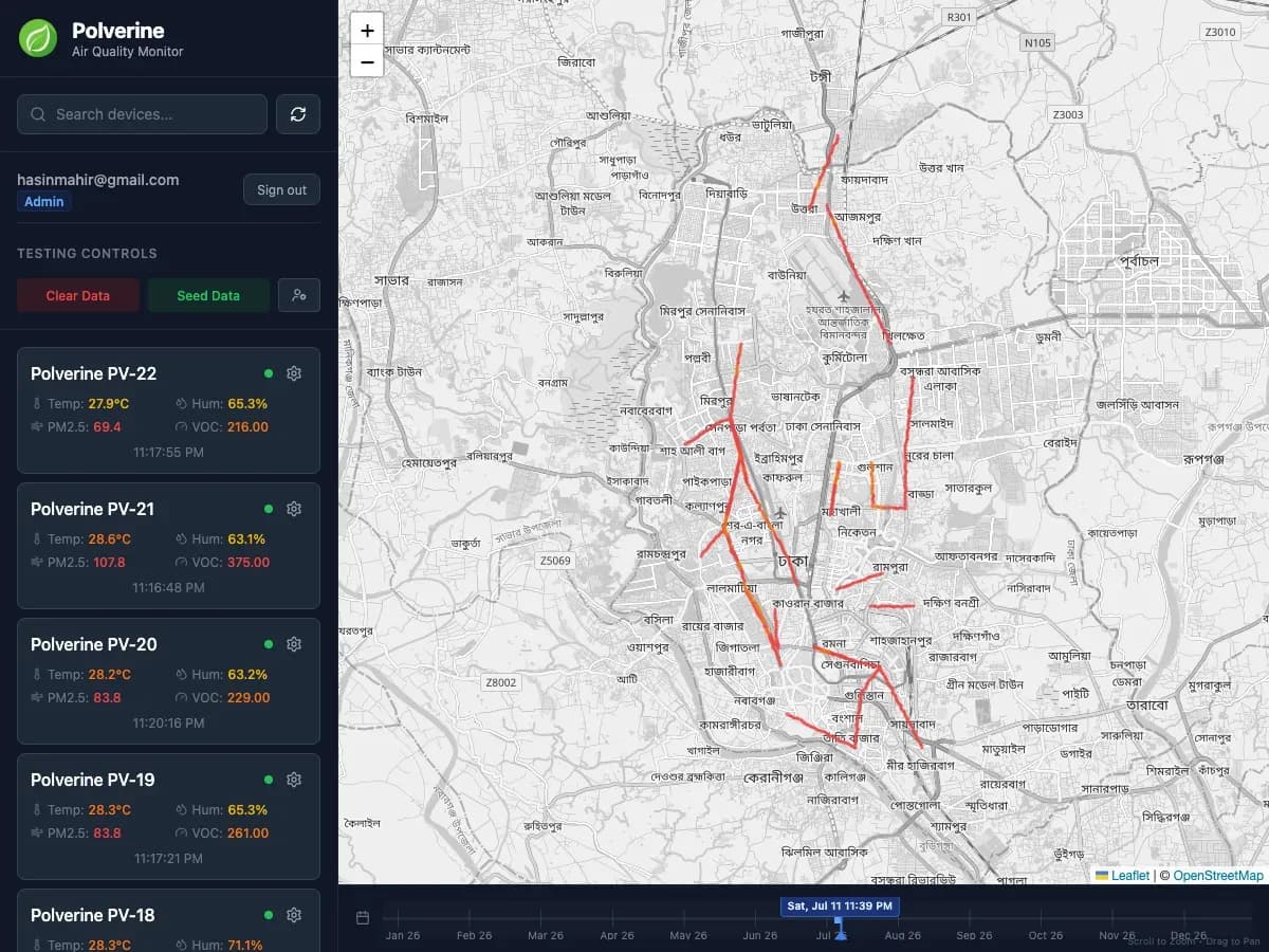 Polverine live dashboard showing device sidebar and pollution route map over Dhaka