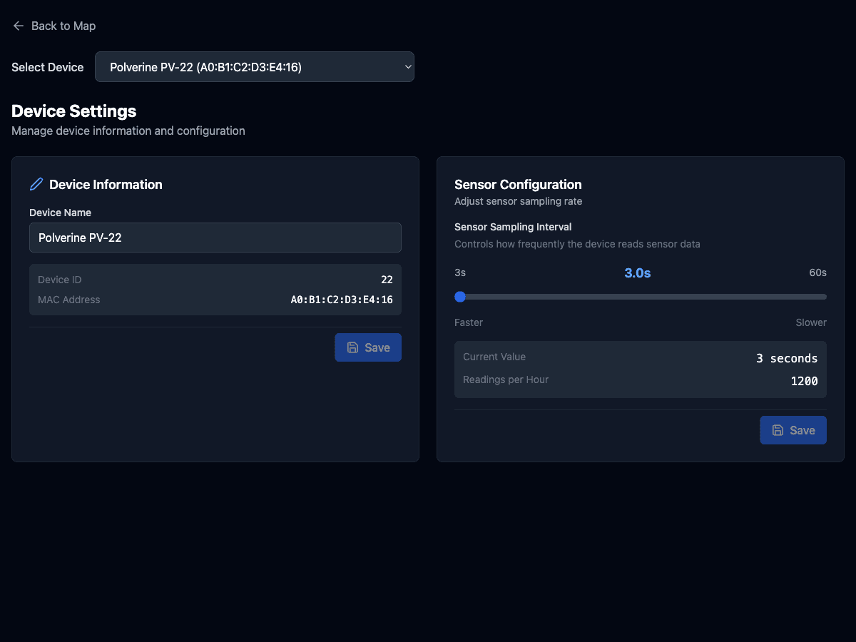 Polverine device settings page with sensor sampling interval slider