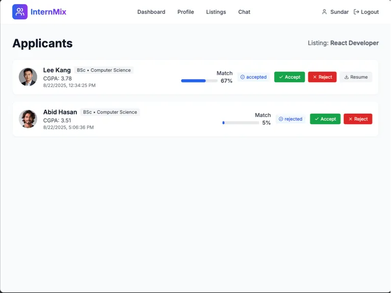 InternMix applicants view
